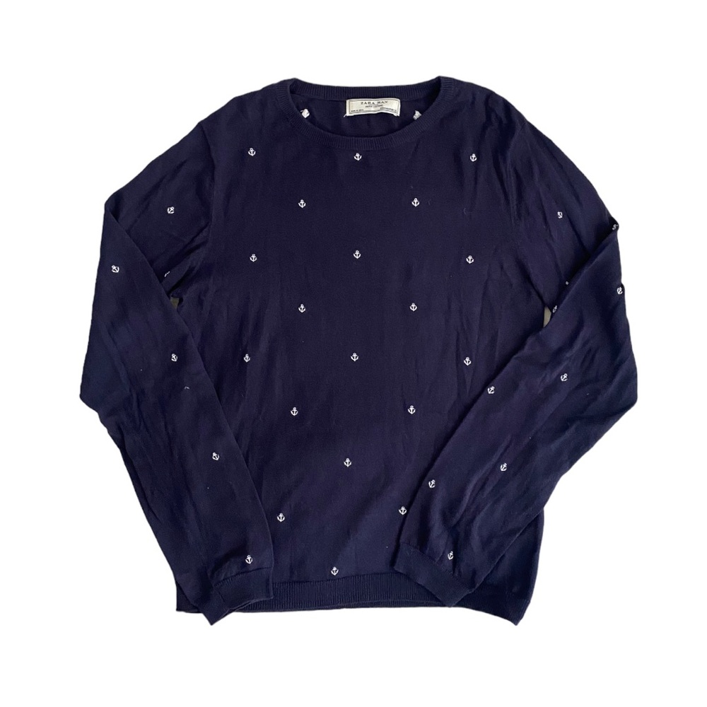 Zara Navy Blue Embroidered Sail Boat Print Mens Sweater Size M
